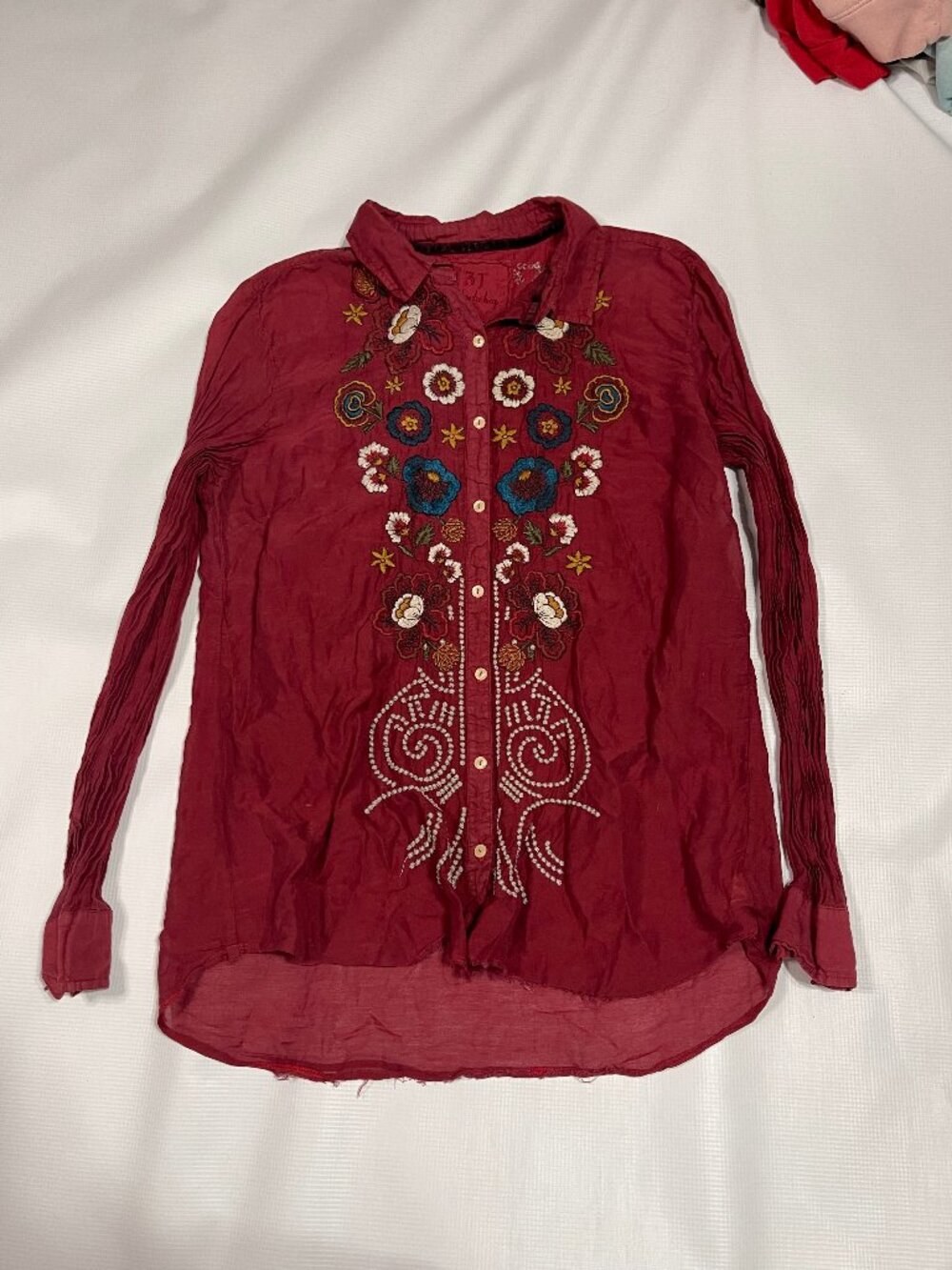 3J Workshop by Johnny Was Red Long Sleeve Ultra Lightweight Embroidered Western